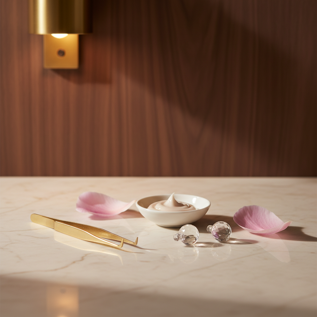 Outils d'esthétique sur marbre crème — atelier AS-Esthetic